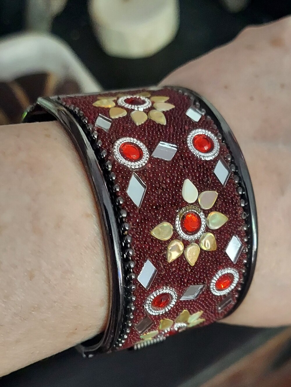 Embellished Burgundy Cuff Bracelet with Red Gem Accents